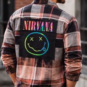 Topman Nirvana Bleached Flannel Shirt Men’s Large Grunge Band Plaid